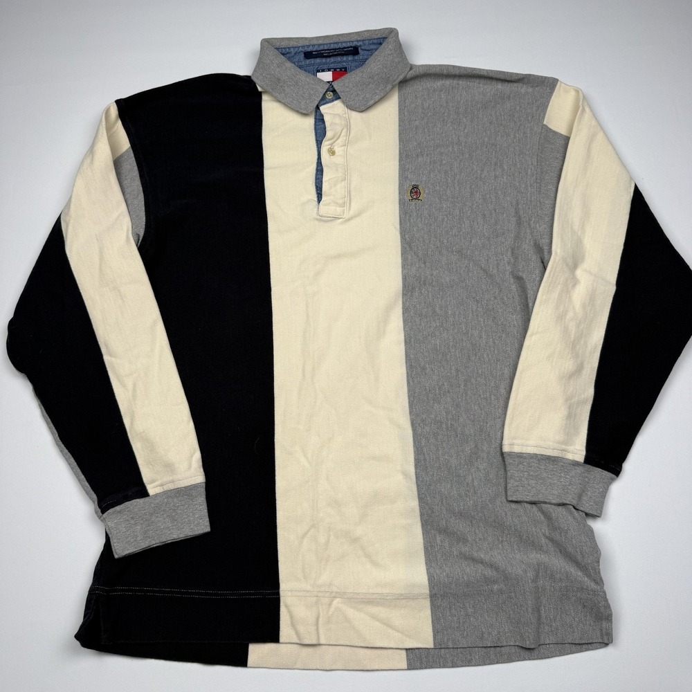 Tommy Hilfiger Polo Shirt Mens Large Multicolor Colorblock Rugby Long Sleeve